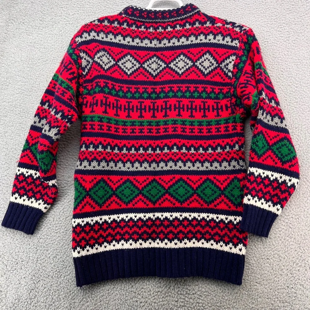 Bravo Handknits Fair Isle Sweater Mens Medium Red Navy Blue Acrylic Crew Neck